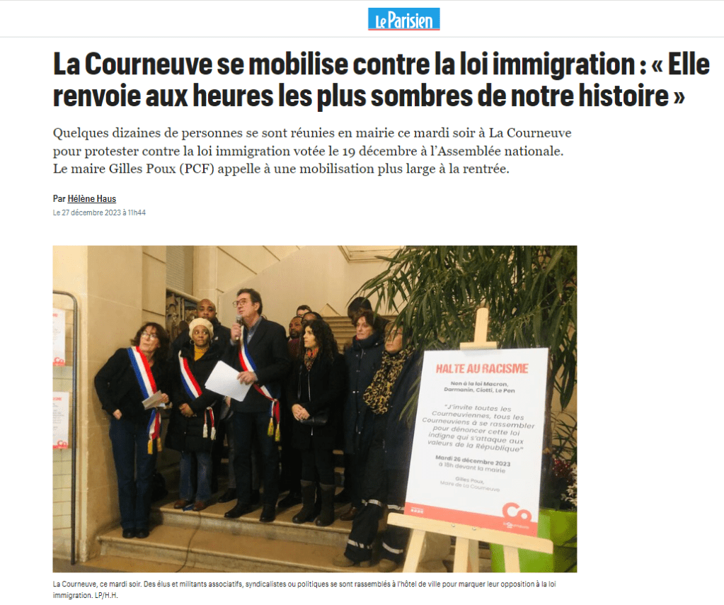 À La Courneuve, une quarantaine de personnes se sont réunies à la mairie pour dénoncer la loi immigration, qualifiée de "sordide" par le maire Gilles Poux. Il affirme que cette législation plongera des milliers de personnes dans la pauvreté, suscitant des discours dramatiques de la part d'élus locaux. La soirée se conclut avec la promesse d'une mobilisation plus large à la rentrée.